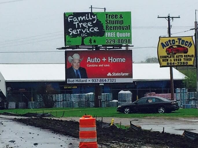 Family Tree Service LLC billboard advertising tree and stump removal in the Fairborn Ohio area